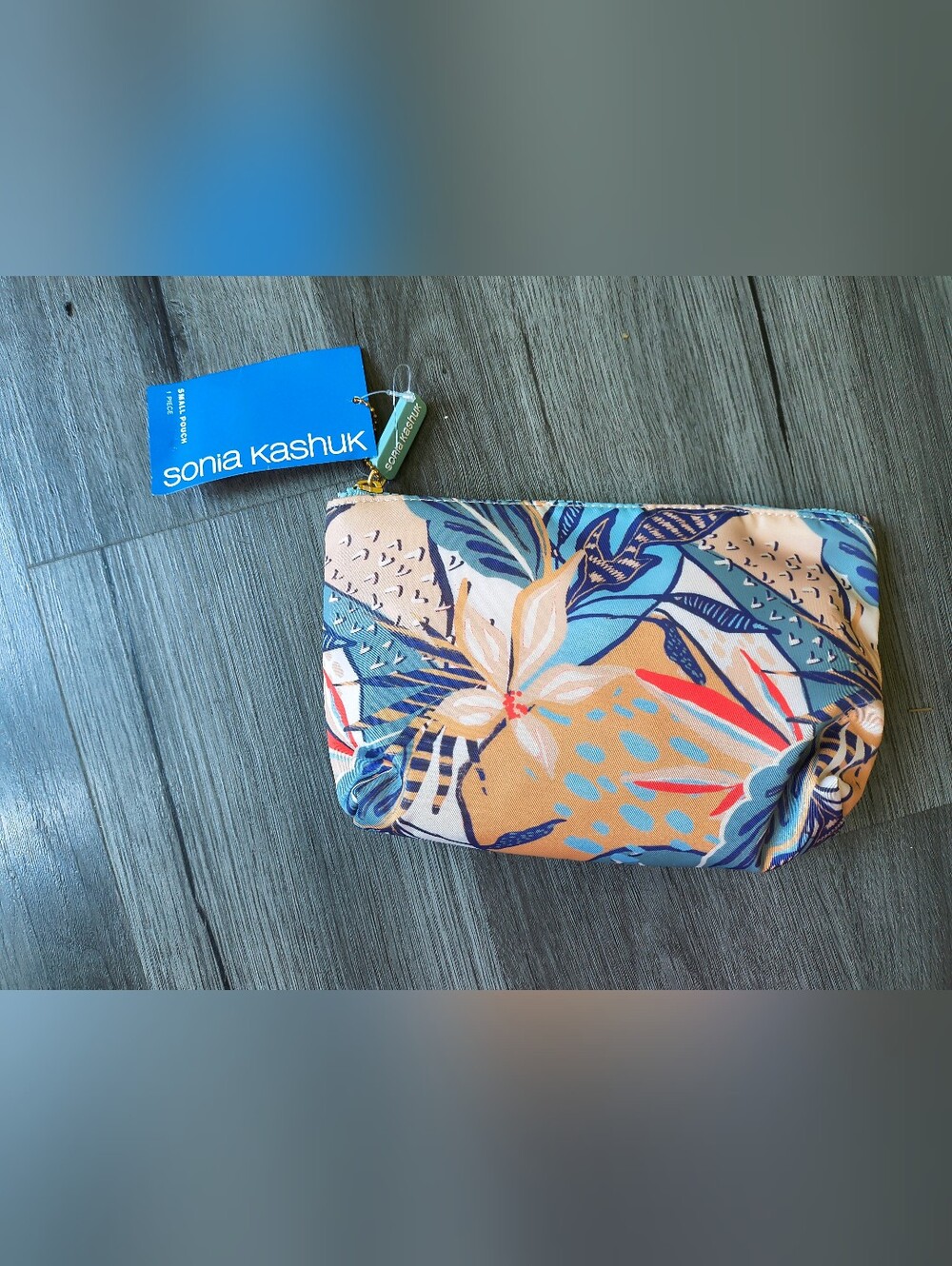 Tropical Floral Cosmetic Pouch - Blue & Tan